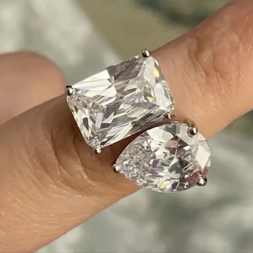 White Rhodium Double Stone Ring - Picture 2 of 4